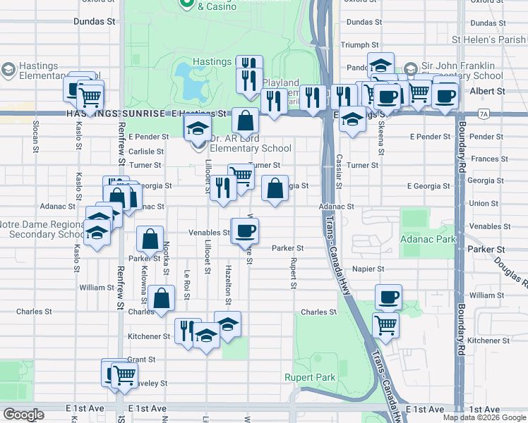 map of restaurants, bars, coffee shops, grocery stores, and more near 3234 Adanac Street in Vancouver