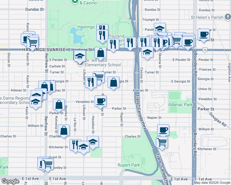 map of restaurants, bars, coffee shops, grocery stores, and more near 3268 Adanac Street in Vancouver