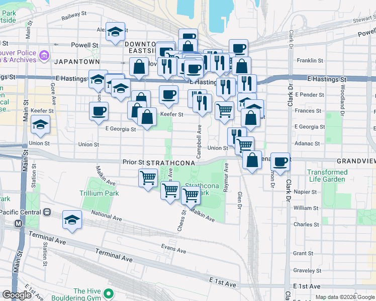 map of restaurants, bars, coffee shops, grocery stores, and more near 858 Union Street in Vancouver