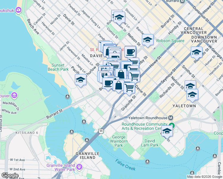 map of restaurants, bars, coffee shops, grocery stores, and more near 1333 Hornby Street in Vancouver