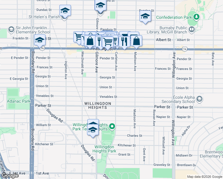 map of restaurants, bars, coffee shops, grocery stores, and more near 4168 Union Street in Burnaby