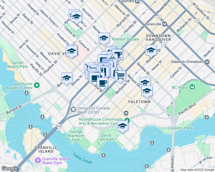 map of restaurants, bars, coffee shops, grocery stores, and more near 1101-1155 Seymour Street in Vancouver