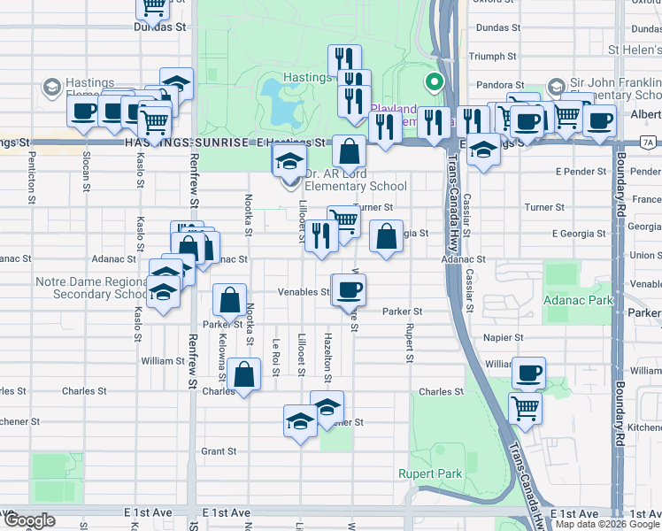 map of restaurants, bars, coffee shops, grocery stores, and more near 3156 Adanac Street in Vancouver