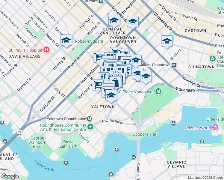 map of restaurants, bars, coffee shops, grocery stores, and more near 977 Mainland Street in Vancouver