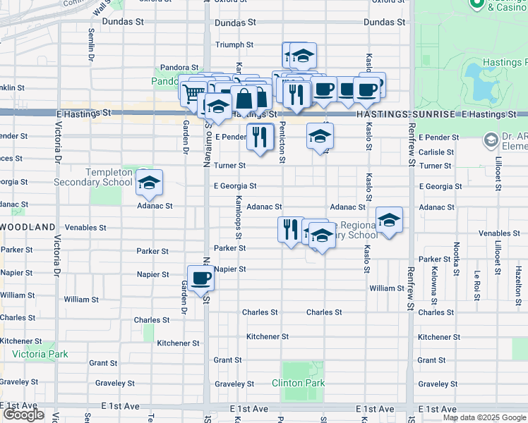 map of restaurants, bars, coffee shops, grocery stores, and more near 2564 Adanac Street in Vancouver