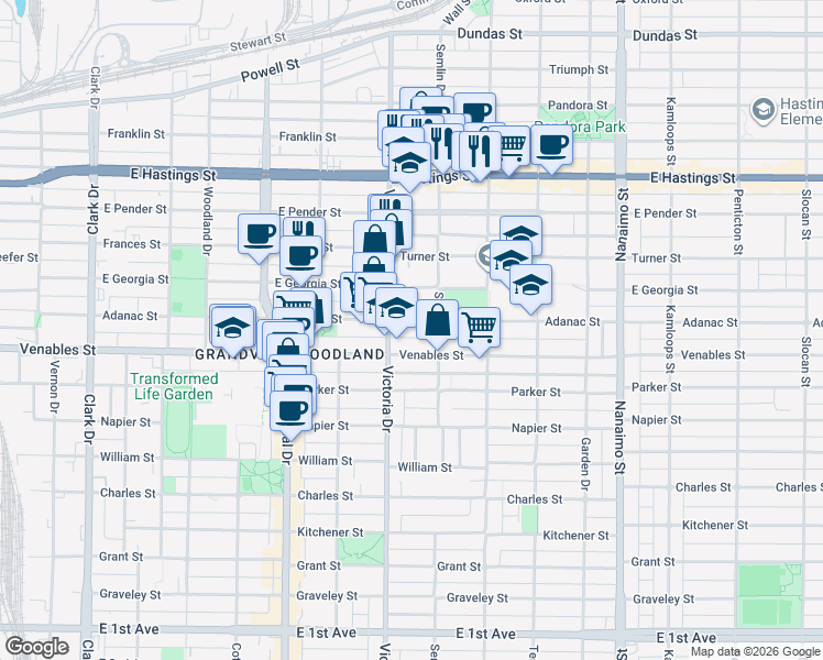 map of restaurants, bars, coffee shops, grocery stores, and more near 1938 Adanac Street in Vancouver