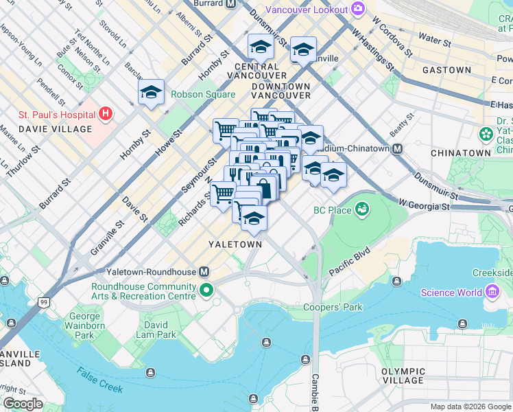map of restaurants, bars, coffee shops, grocery stores, and more near 977 Mainland Street in Vancouver