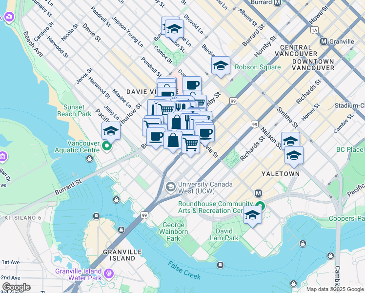 map of restaurants, bars, coffee shops, grocery stores, and more near 1283 Howe Street in Vancouver
