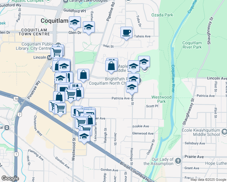 map of restaurants, bars, coffee shops, grocery stores, and more near 2568 Larkin Avenue in Port Coquitlam