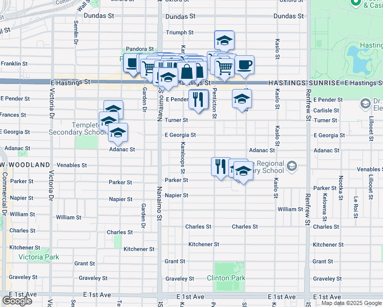 map of restaurants, bars, coffee shops, grocery stores, and more near 2528 Adanac Street in Vancouver