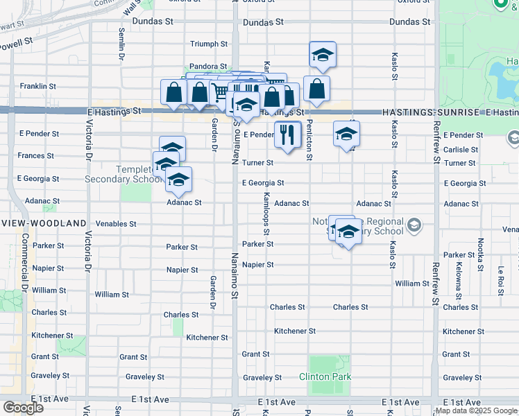 map of restaurants, bars, coffee shops, grocery stores, and more near 2462 Adanac Street in Vancouver