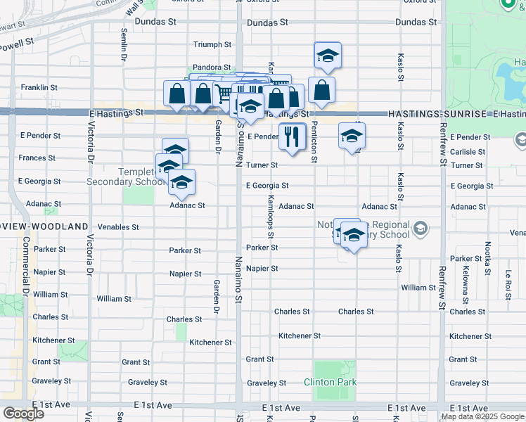 map of restaurants, bars, coffee shops, grocery stores, and more near 2460 Adanac Street in Vancouver