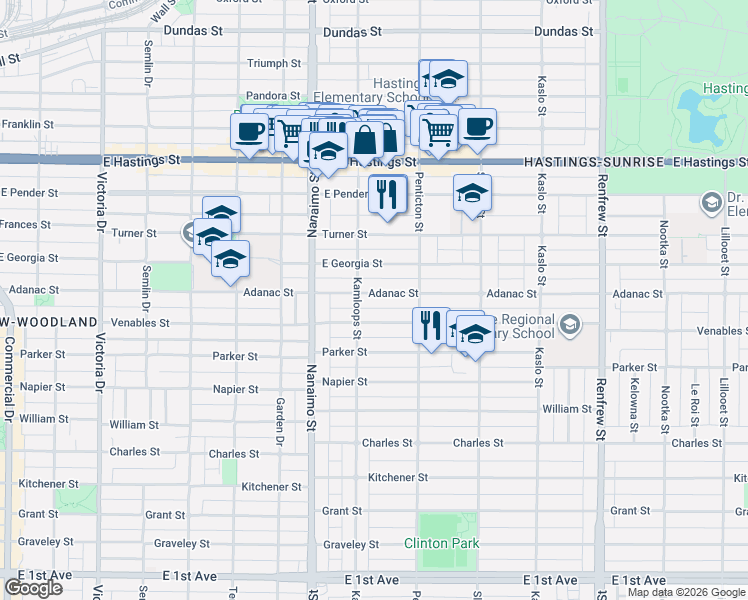 map of restaurants, bars, coffee shops, grocery stores, and more near 2528 Adanac Street in Vancouver