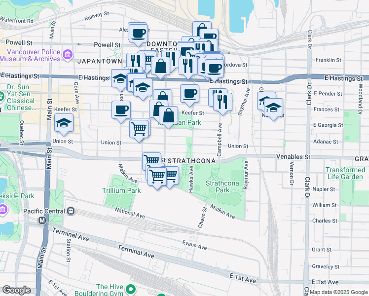 map of restaurants, bars, coffee shops, grocery stores, and more near 776 Union Street in Vancouver