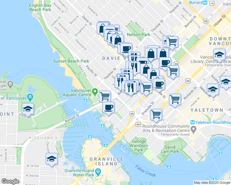 map of restaurants, bars, coffee shops, grocery stores, and more near 1005 Pacific Street in Vancouver