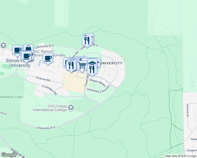 map of restaurants, bars, coffee shops, grocery stores, and more near 9250 University High Street in Burnaby