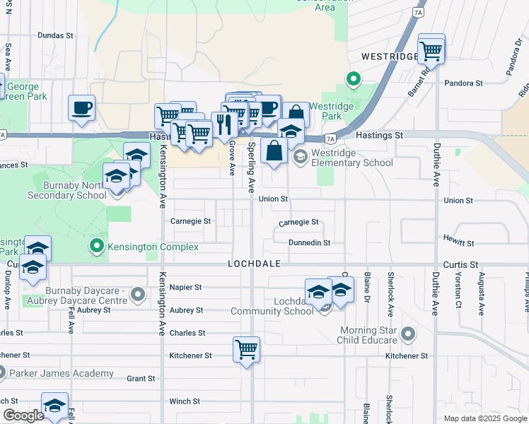 map of restaurants, bars, coffee shops, grocery stores, and more near 829 Laird Court in Burnaby
