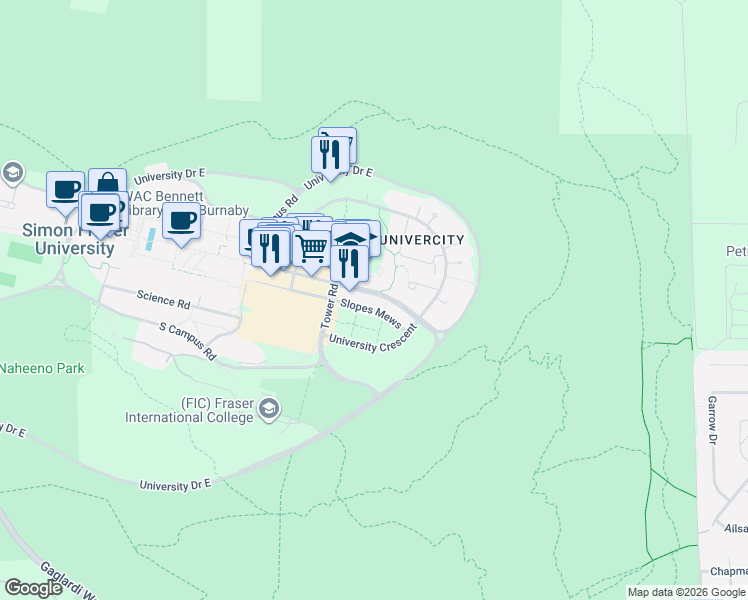 map of restaurants, bars, coffee shops, grocery stores, and more near 9250 University High Street in Burnaby