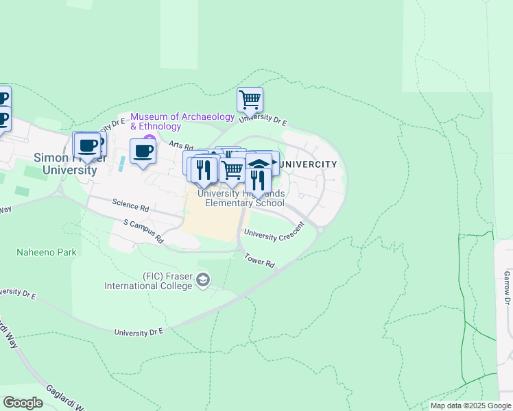 map of restaurants, bars, coffee shops, grocery stores, and more near 9388 University High Street in Burnaby