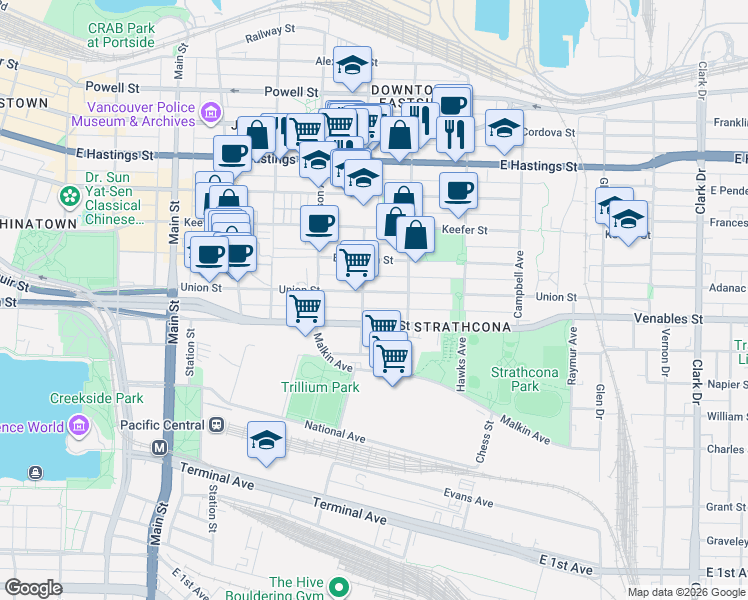 map of restaurants, bars, coffee shops, grocery stores, and more near 618 Union Street in Vancouver