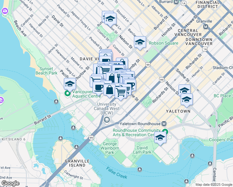 map of restaurants, bars, coffee shops, grocery stores, and more near in Vancouver
