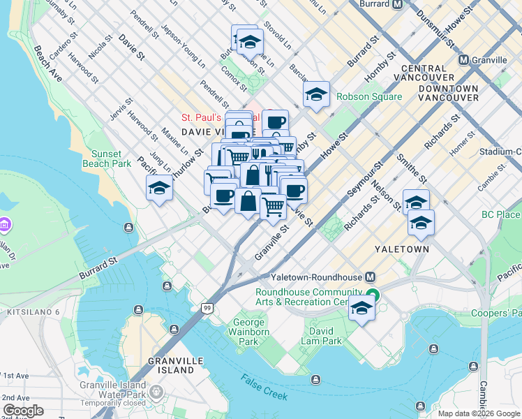 map of restaurants, bars, coffee shops, grocery stores, and more near 1233 Hornby Street in Vancouver