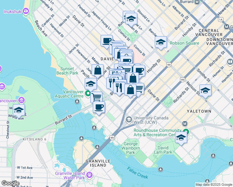 map of restaurants, bars, coffee shops, grocery stores, and more near 1009 Harwood Street in Vancouver