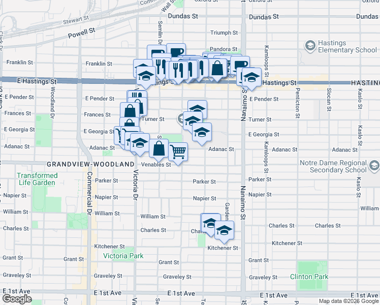 map of restaurants, bars, coffee shops, grocery stores, and more near 2128 Adanac Street in Vancouver