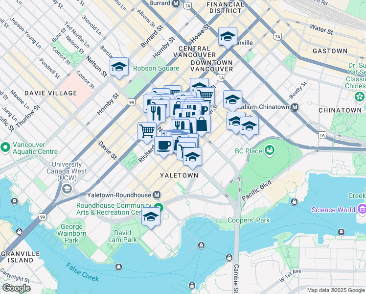map of restaurants, bars, coffee shops, grocery stores, and more near 303 Nelson Street in Vancouver