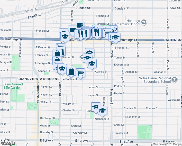 map of restaurants, bars, coffee shops, grocery stores, and more near 2168 Adanac Street in Vancouver
