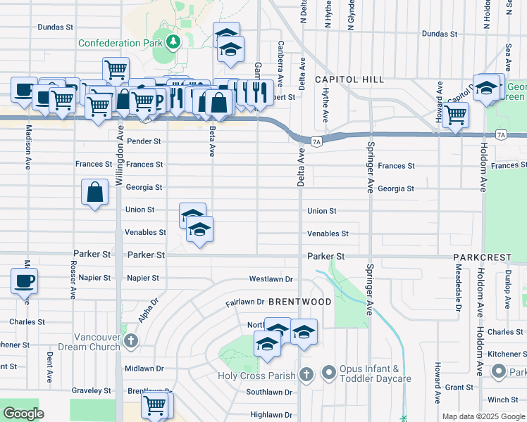 map of restaurants, bars, coffee shops, grocery stores, and more near 4808 Union Street in Burnaby