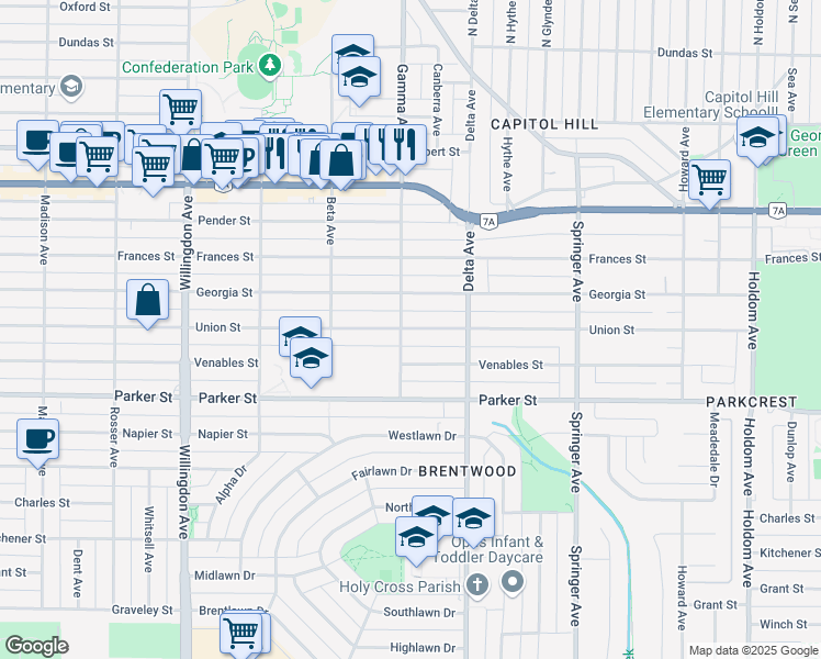 map of restaurants, bars, coffee shops, grocery stores, and more near 4808 Union Street in Burnaby