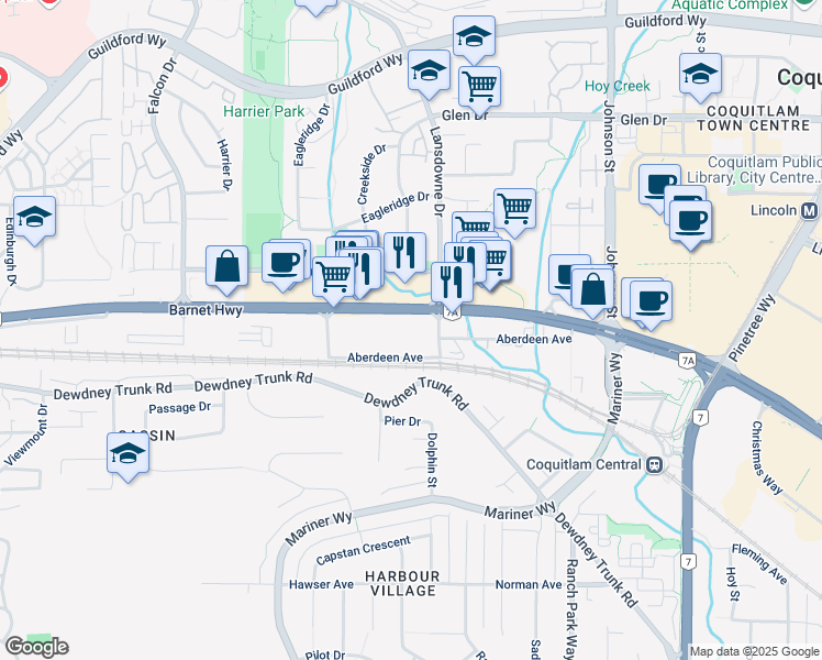map of restaurants, bars, coffee shops, grocery stores, and more near 2741 Barnet Highway in Coquitlam