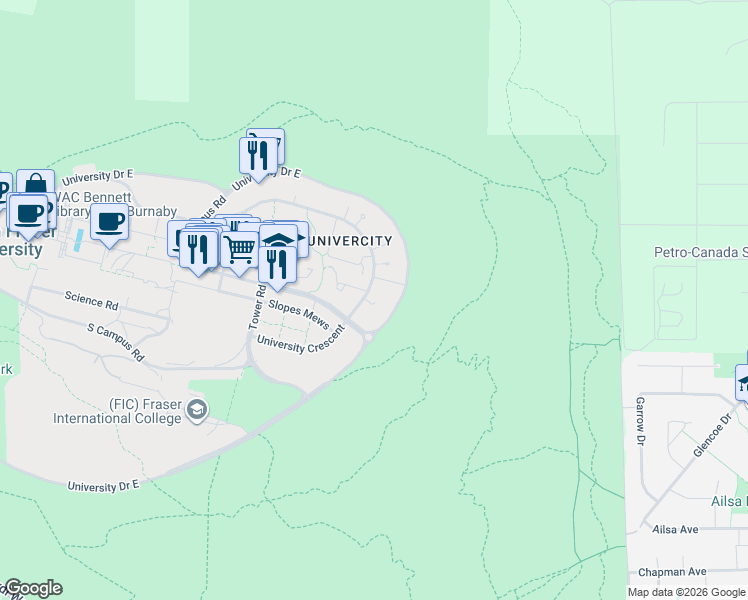 map of restaurants, bars, coffee shops, grocery stores, and more near 9330 University Crescent in Burnaby