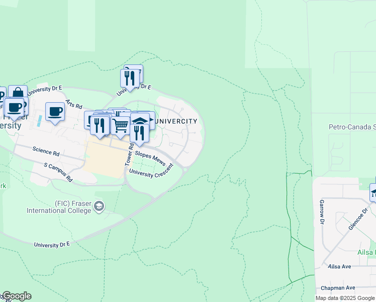 map of restaurants, bars, coffee shops, grocery stores, and more near 9330 University Crescent in Burnaby