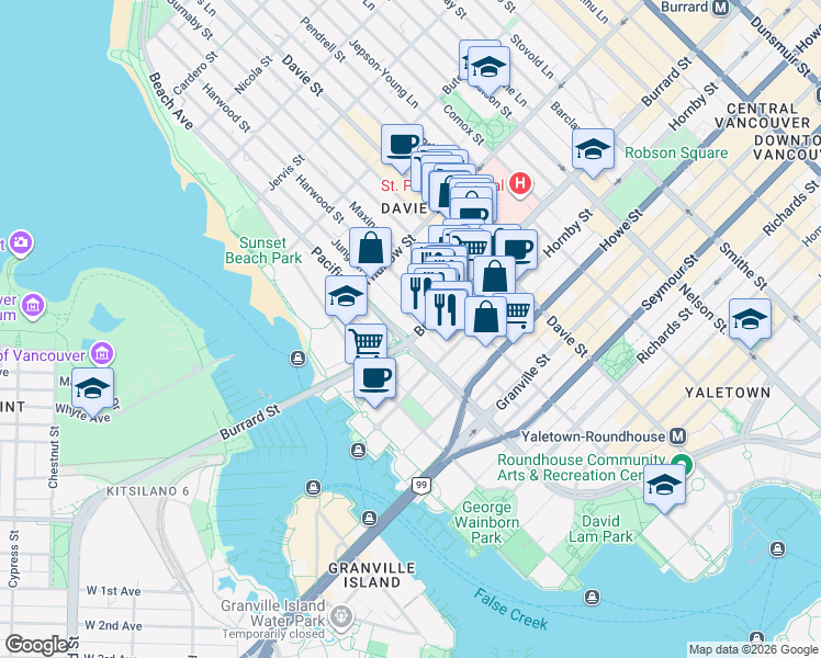 map of restaurants, bars, coffee shops, grocery stores, and more near 1003 Pacific Street in Vancouver