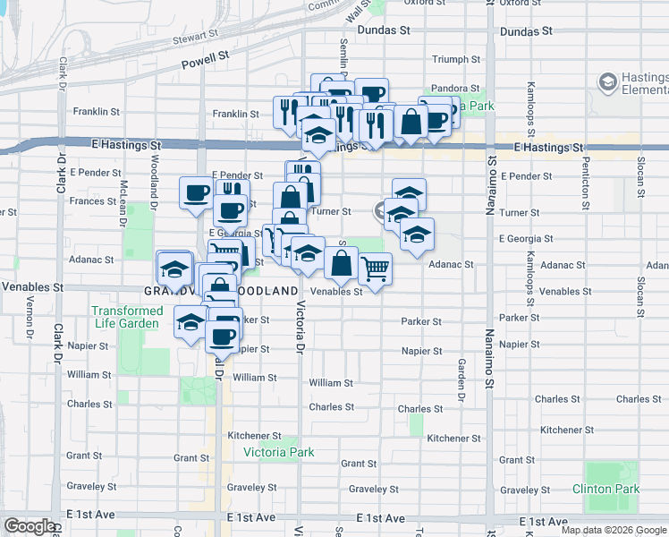 map of restaurants, bars, coffee shops, grocery stores, and more near in Vancouver