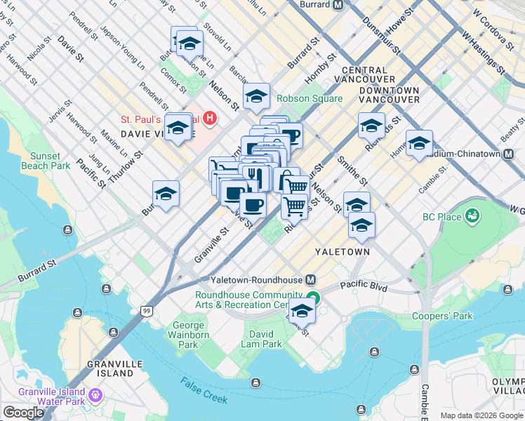 map of restaurants, bars, coffee shops, grocery stores, and more near 1155 Seymour Street in Vancouver