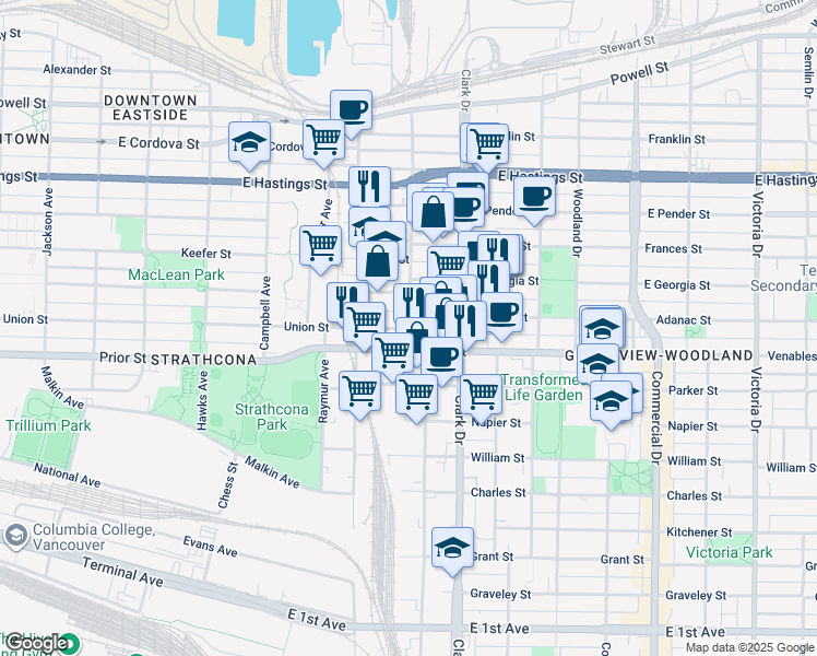 map of restaurants, bars, coffee shops, grocery stores, and more near 2111 Union Street in Vancouver