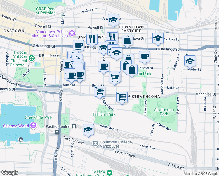 map of restaurants, bars, coffee shops, grocery stores, and more near 538 Union Street in Vancouver