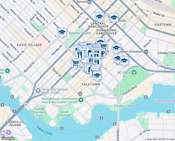 map of restaurants, bars, coffee shops, grocery stores, and more near 1001 Homer Street in Vancouver