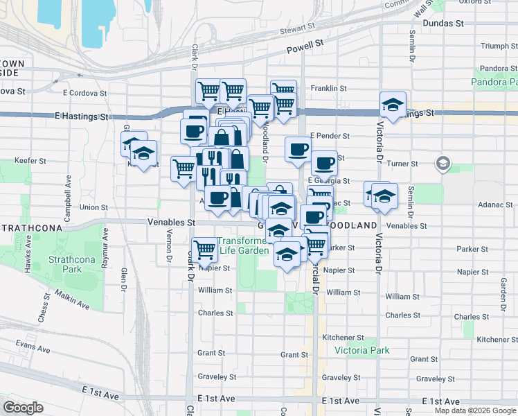 map of restaurants, bars, coffee shops, grocery stores, and more near 1546 Adanac Street in Vancouver