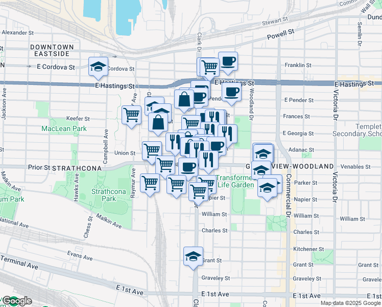 map of restaurants, bars, coffee shops, grocery stores, and more near in Vancouver