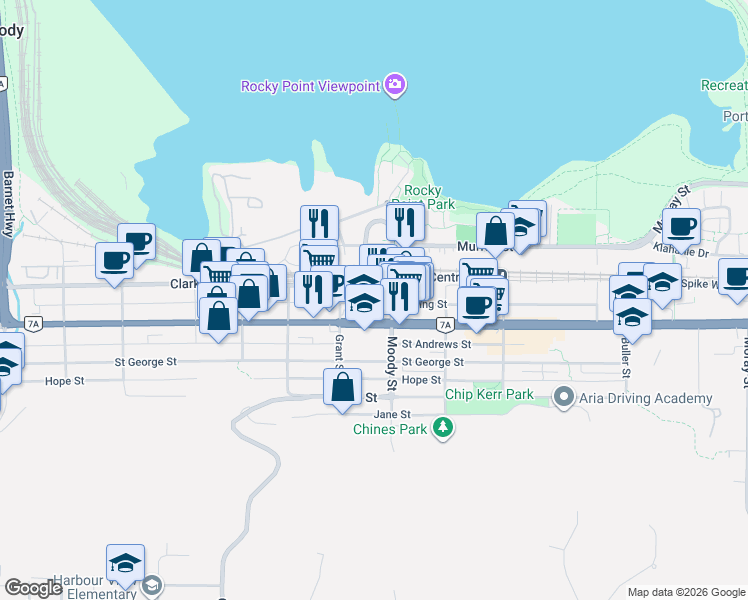 map of restaurants, bars, coffee shops, grocery stores, and more near 2726 Spring Street in Port Moody