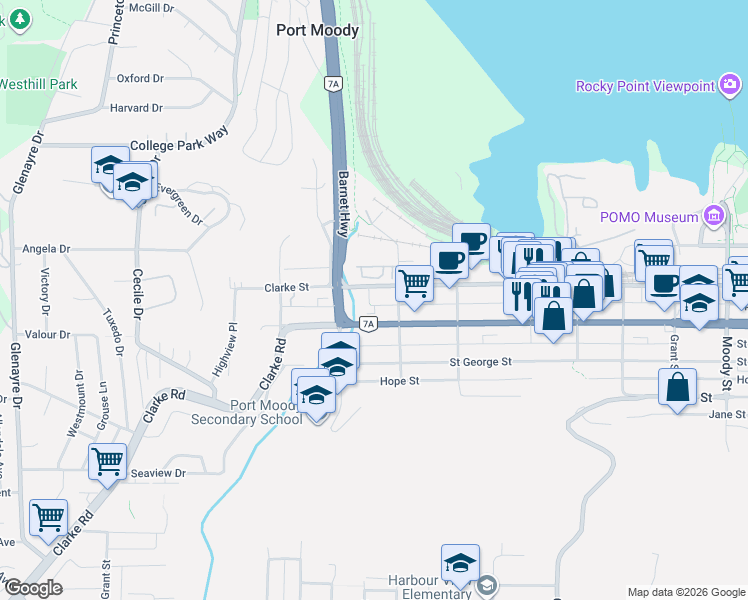 map of restaurants, bars, coffee shops, grocery stores, and more near 2125 Clarke Street in Port Moody