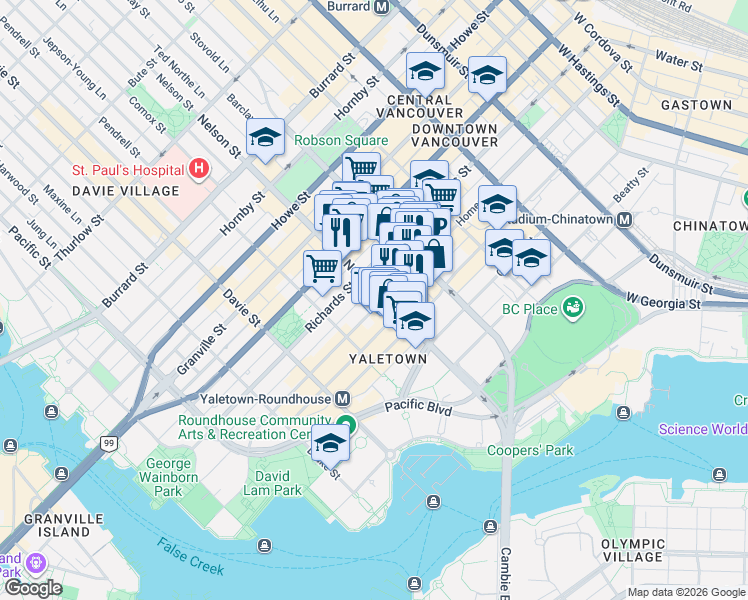 map of restaurants, bars, coffee shops, grocery stores, and more near 1001 Homer Street in Vancouver