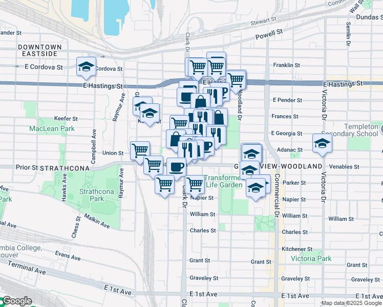 map of restaurants, bars, coffee shops, grocery stores, and more near in Vancouver
