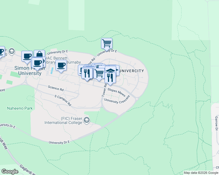 map of restaurants, bars, coffee shops, grocery stores, and more near 9150 University High Street in Burnaby