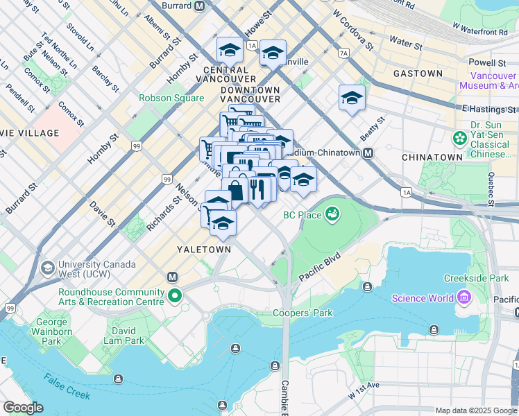 map of restaurants, bars, coffee shops, grocery stores, and more near 885 Cambie Street in Vancouver