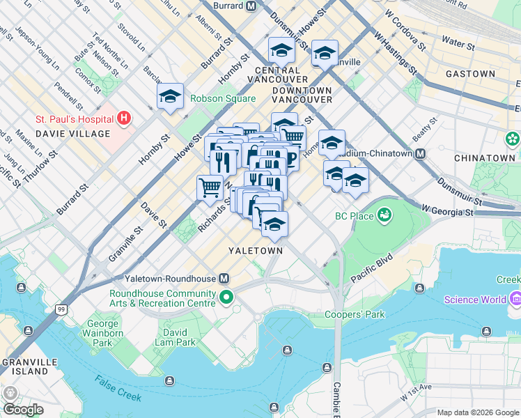 map of restaurants, bars, coffee shops, grocery stores, and more near 910 Richards Street in Vancouver